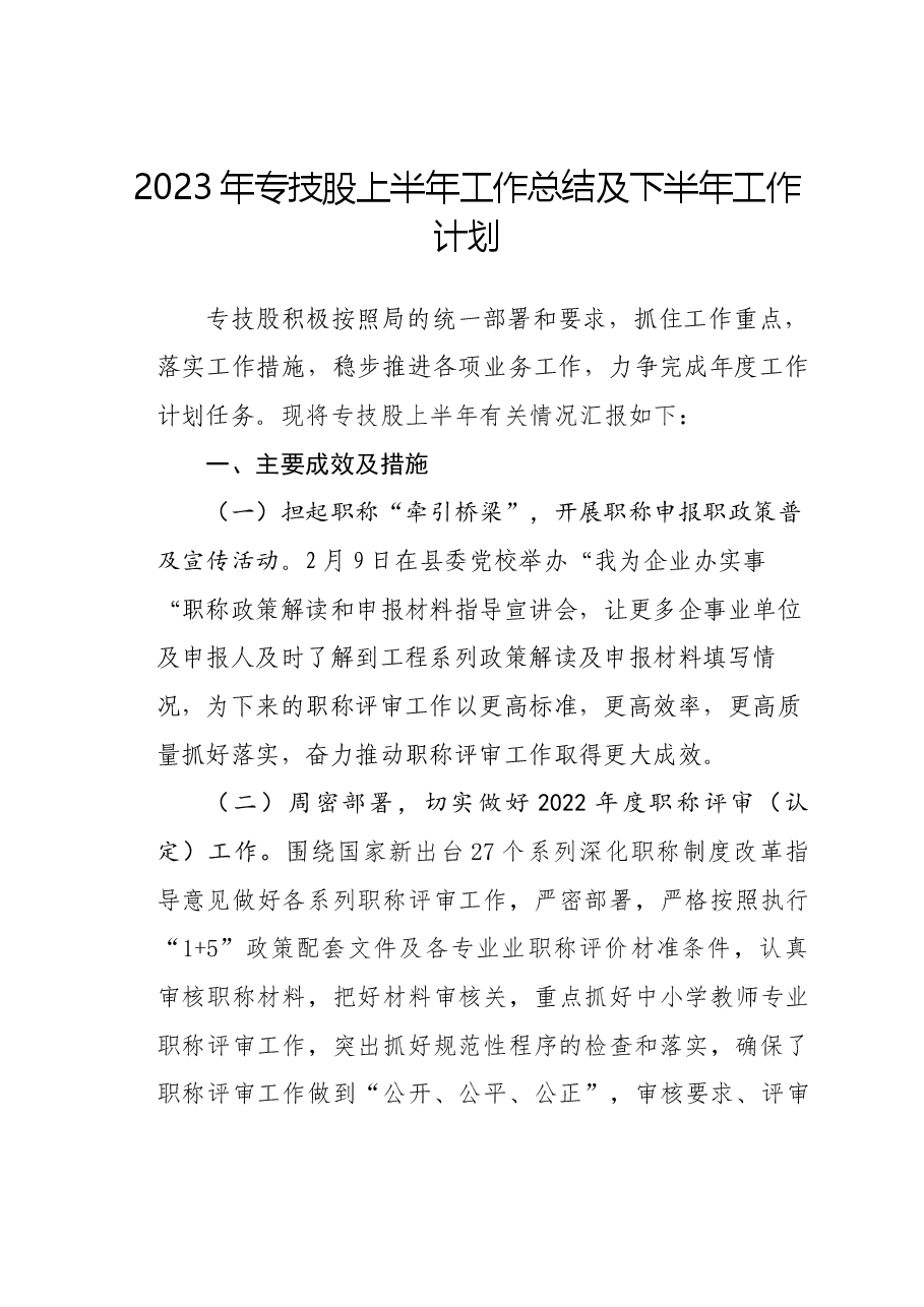 2023年专技股上半年工作总结及下半年计划.docx,第1页预览