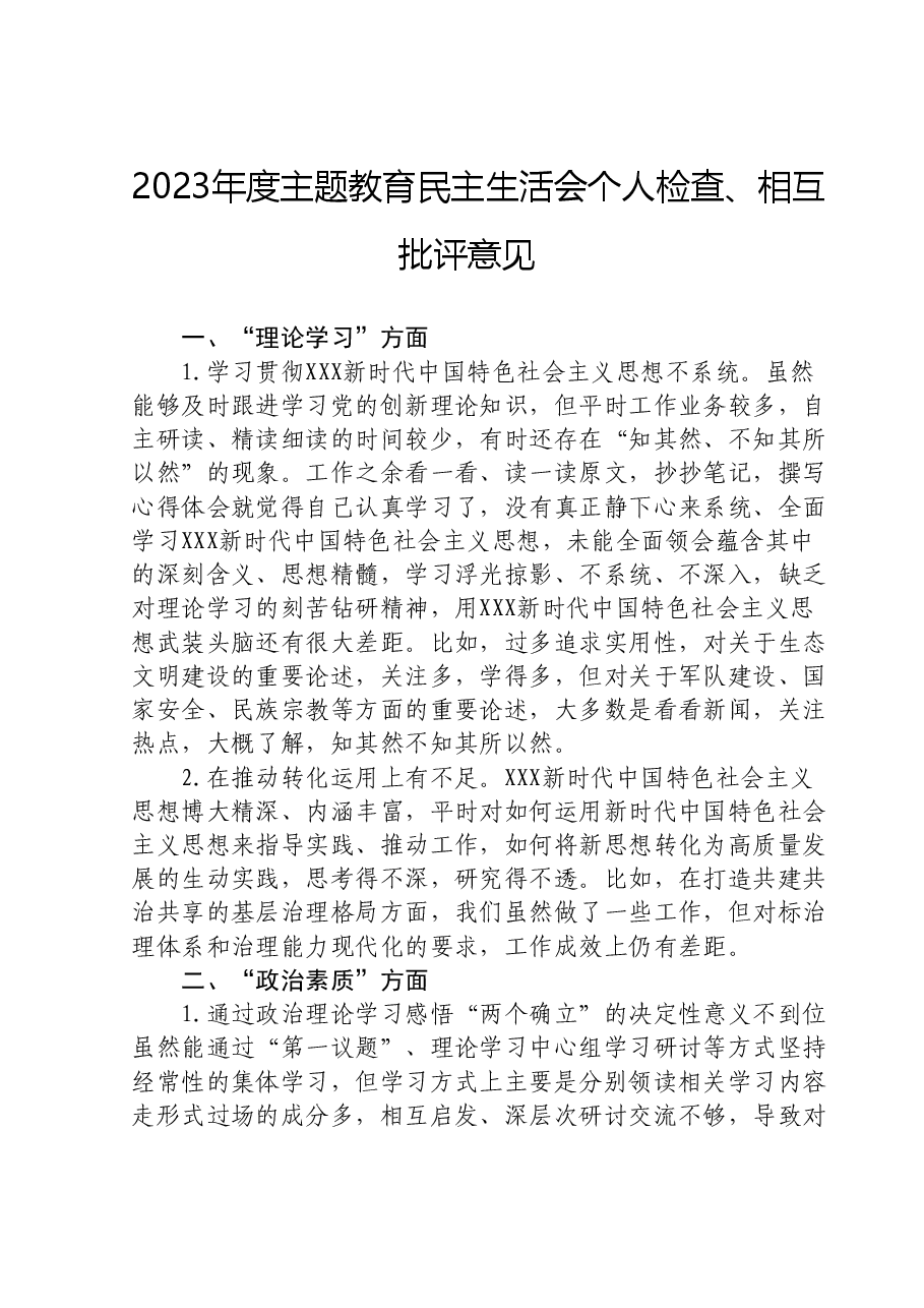 2023年度主题教育民主生活会个人检查、相互批评意见.doc，第1页预览