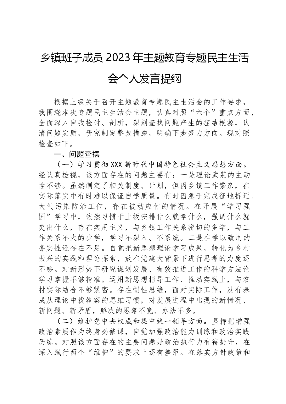 乡镇班子成员2023年主题教育专题民主生活会个人发言提纲.docx,第1页预览