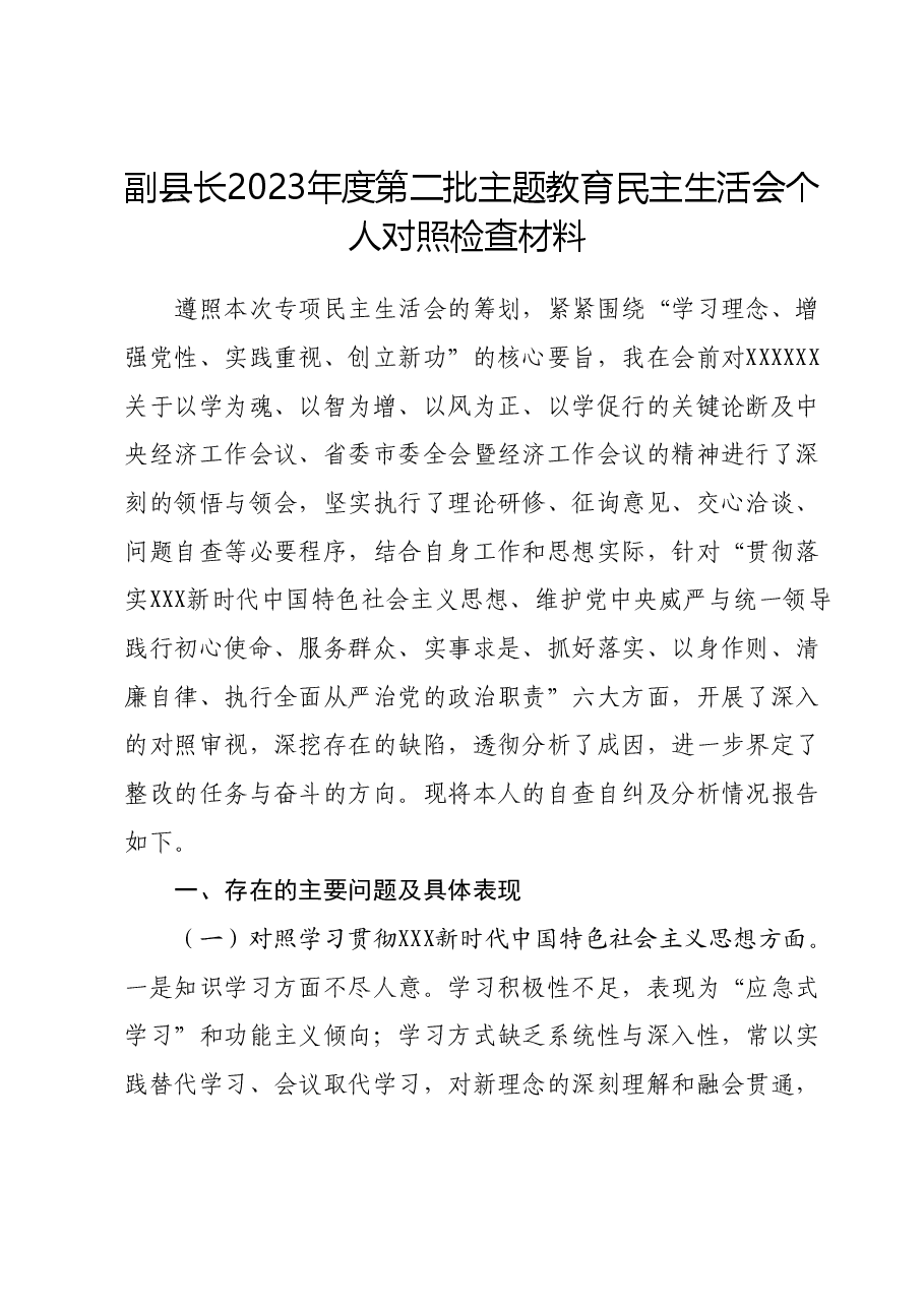 副县长2023年度第二批主题教育民主生活会个人对照检查材料.docx,第1页预览