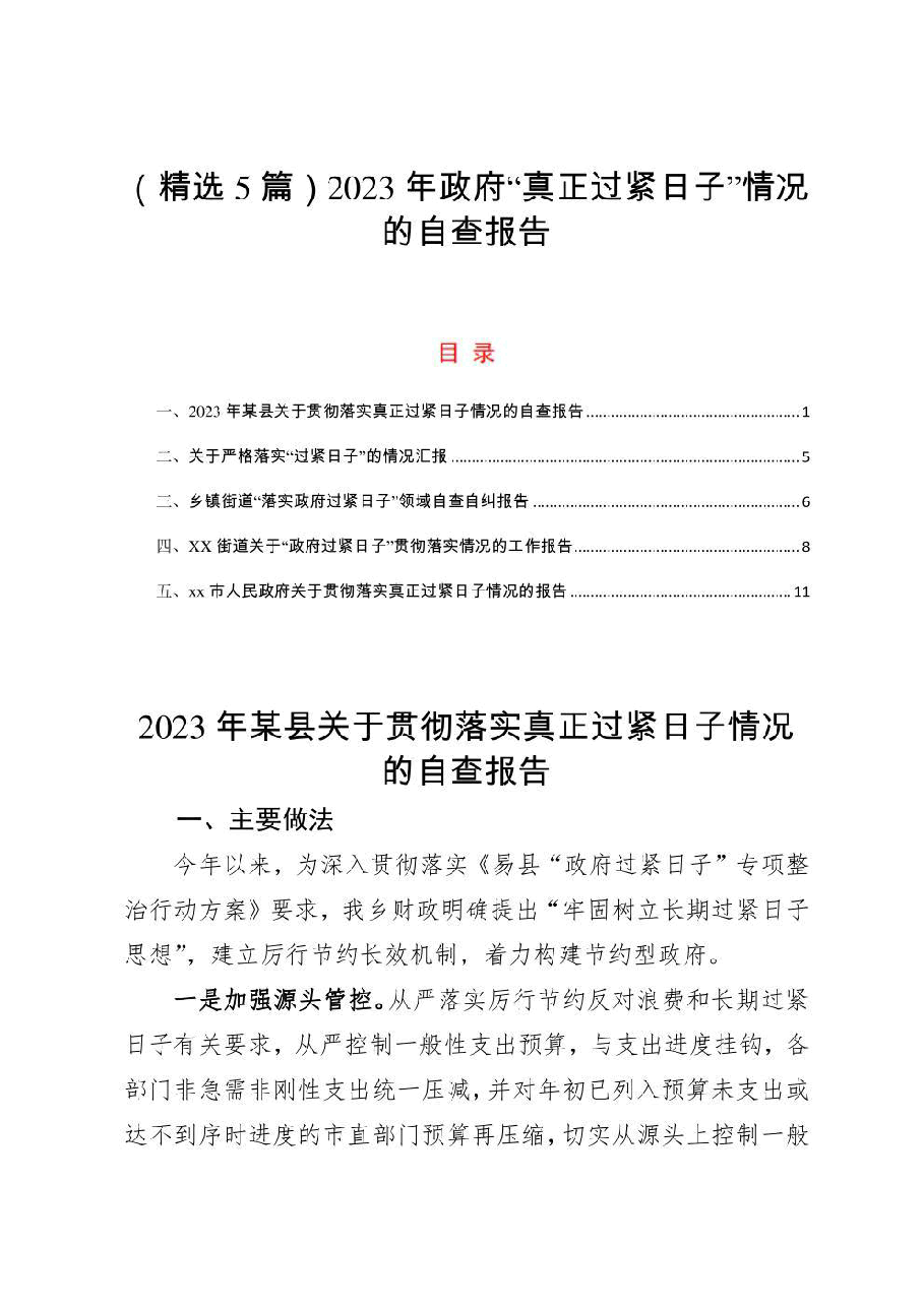 （5篇）2023年政府“真正过紧日子”情况的自查报告（市、县、乡镇街道）“落实政府过紧日子”.pdf，第1页预览