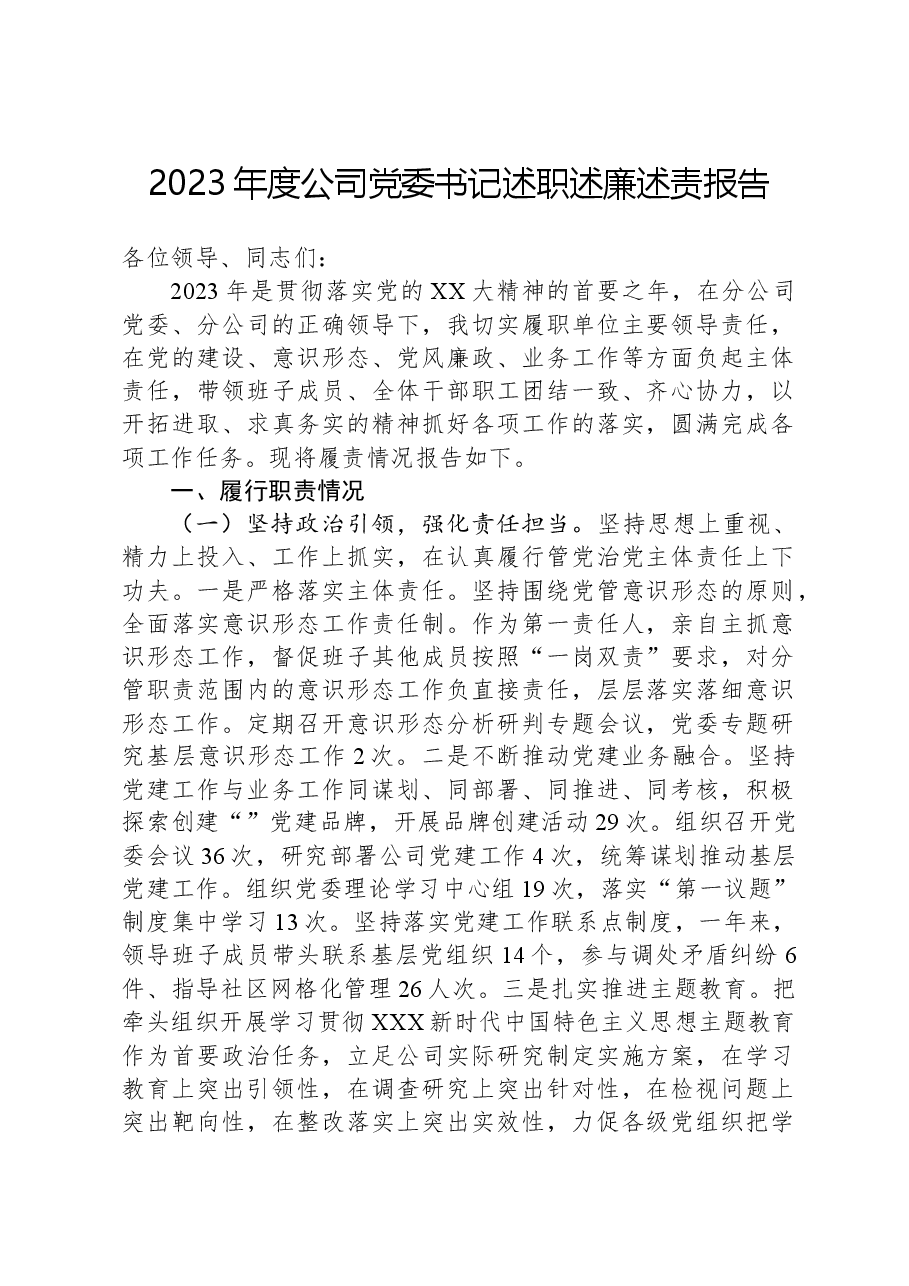 2023年度公司党委书记述职述廉述责报告.docx,第1页预览
