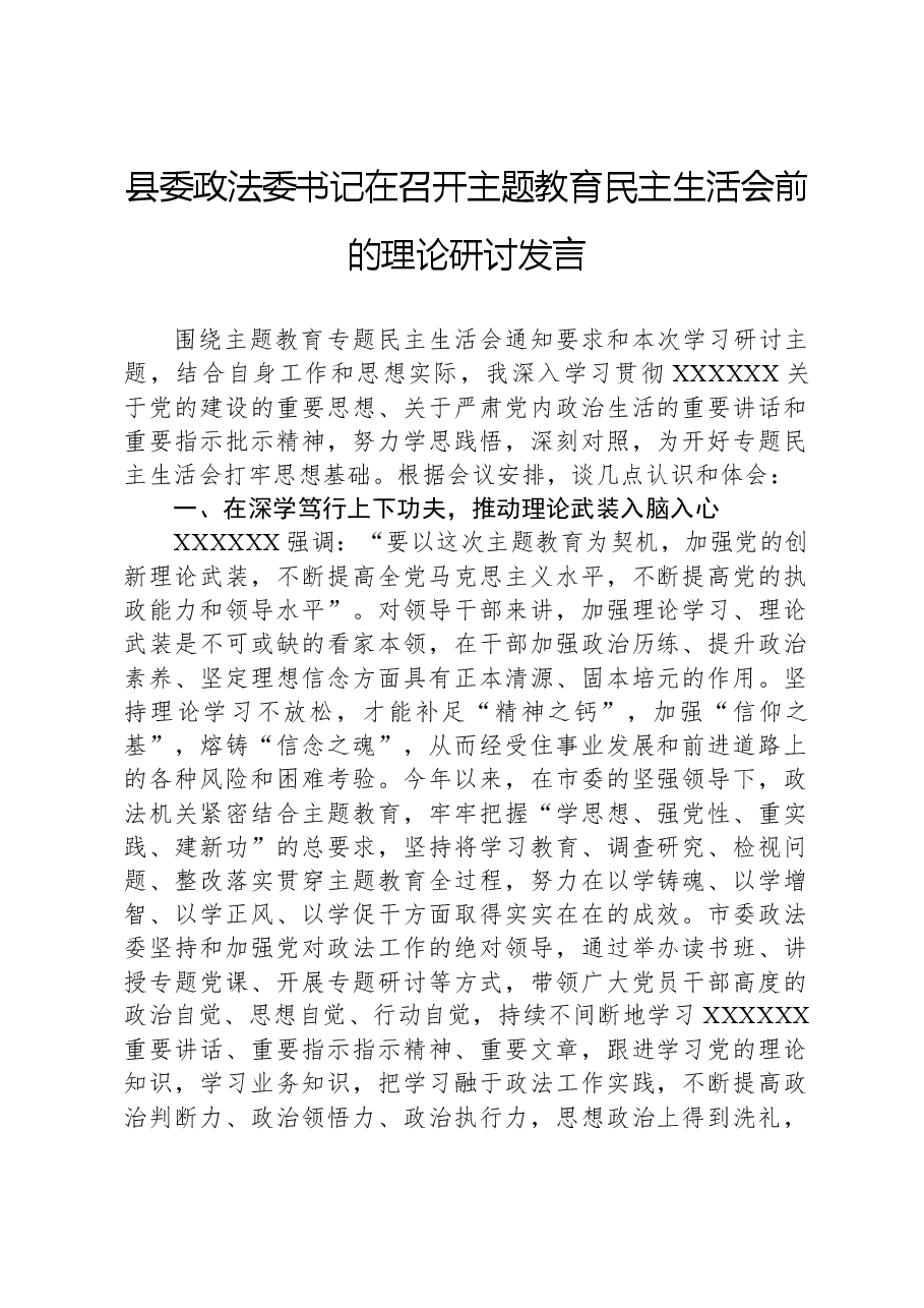 县委政法委书记在召开主题教育民主生活会前的理论研讨发言.docx,第1页预览