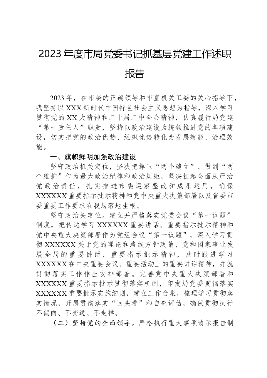 2023年度市局党委书记抓基层党建工作述职报告.docx,第1页预览