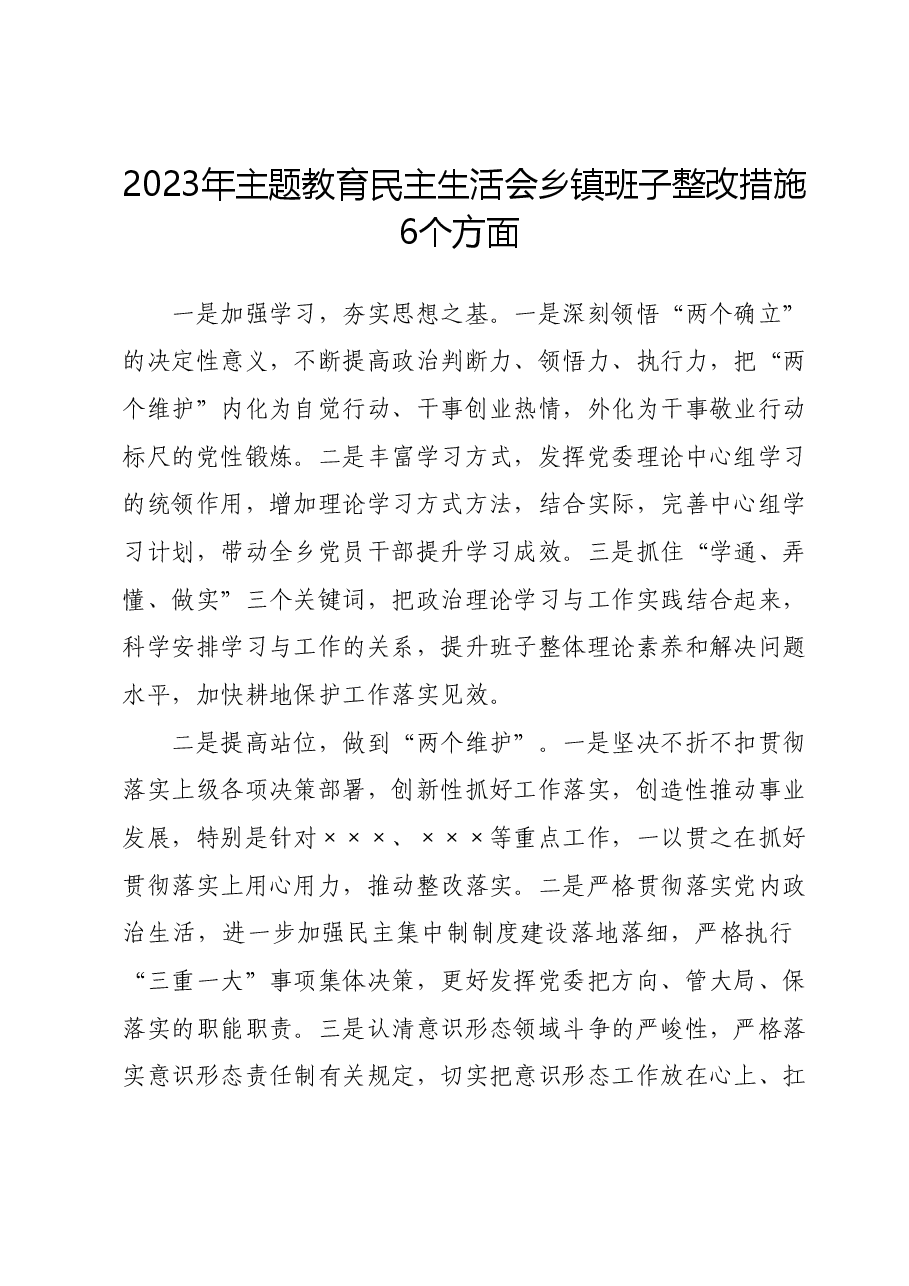2023年主题教育民主生活会乡镇班子整改措施6个方面.docx，第1页预览