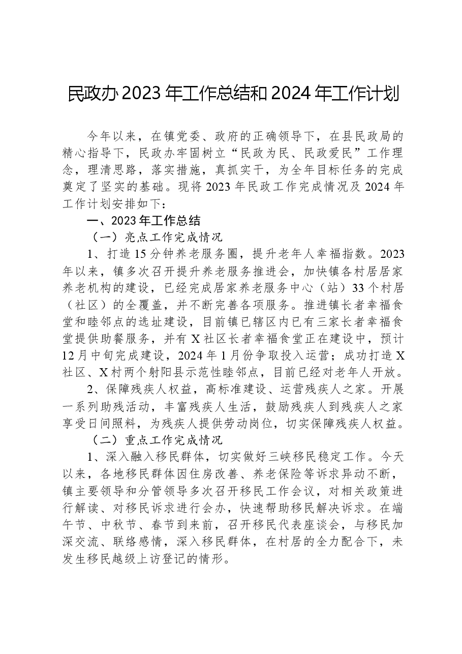 民政办2023年工作总结和2024年工作计划.docx，第1页预览