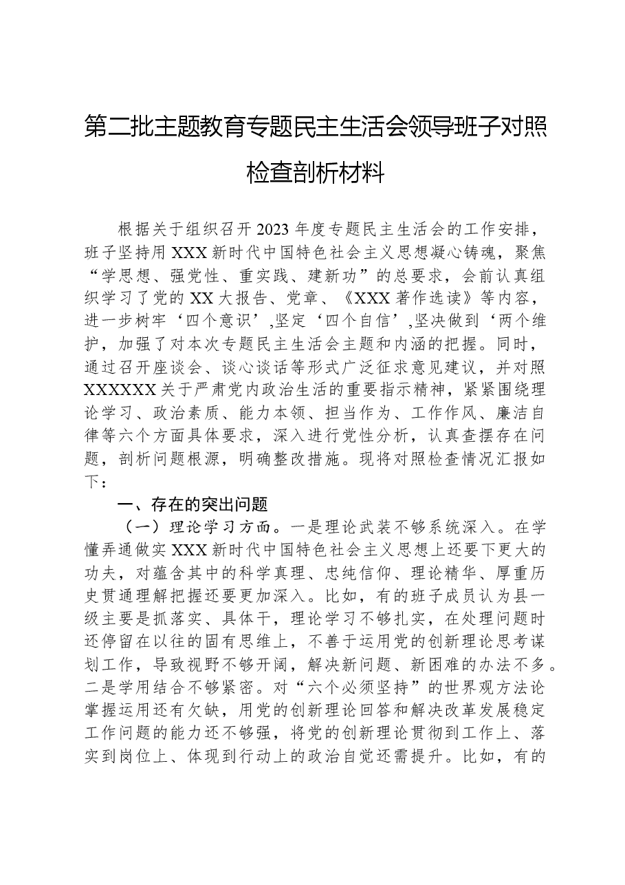 第二批主题教育专题民主生活会领导班子对照检查剖析材料.docx,第1页预览