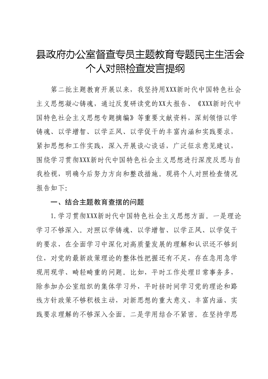 县政府办公室督查专员主题教育专题民主生活会个人对照检查发言提纲（新六个对照方面）.docx，第1页预览