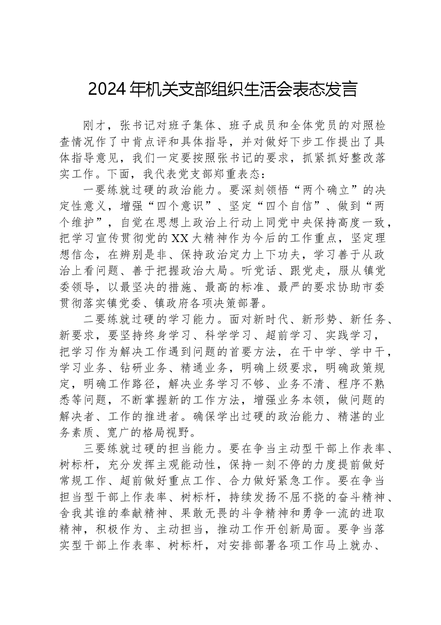 2024年机关党机关支部组织生活会表态发言.docx，第1页预览