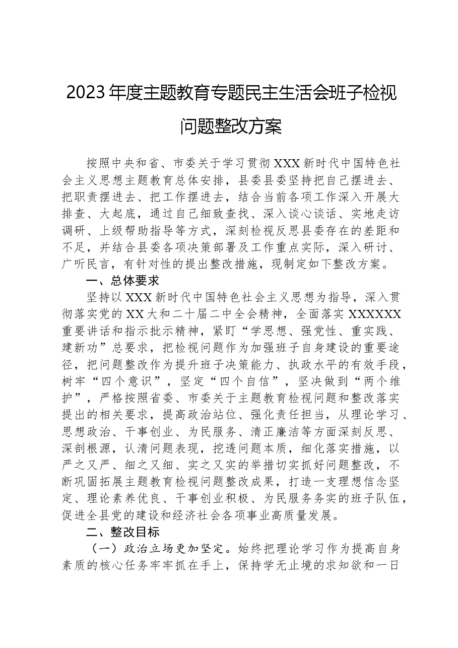 2023年度主题教育专题民主生活会班子检视问题整改方案.docx,第1页预览