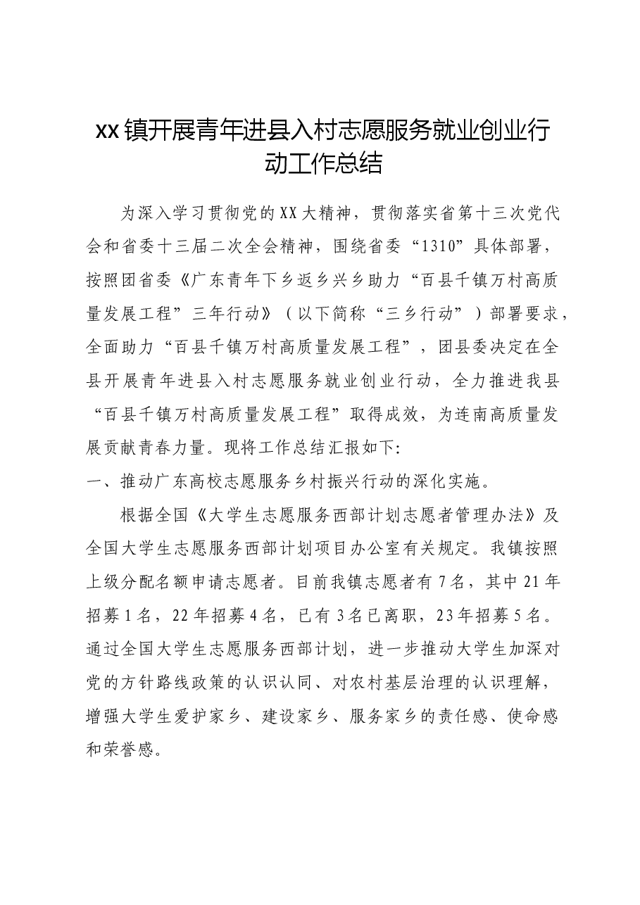 xx镇开展青年进县入村志愿服务就业创业行动工作总结.doc,第1页预览