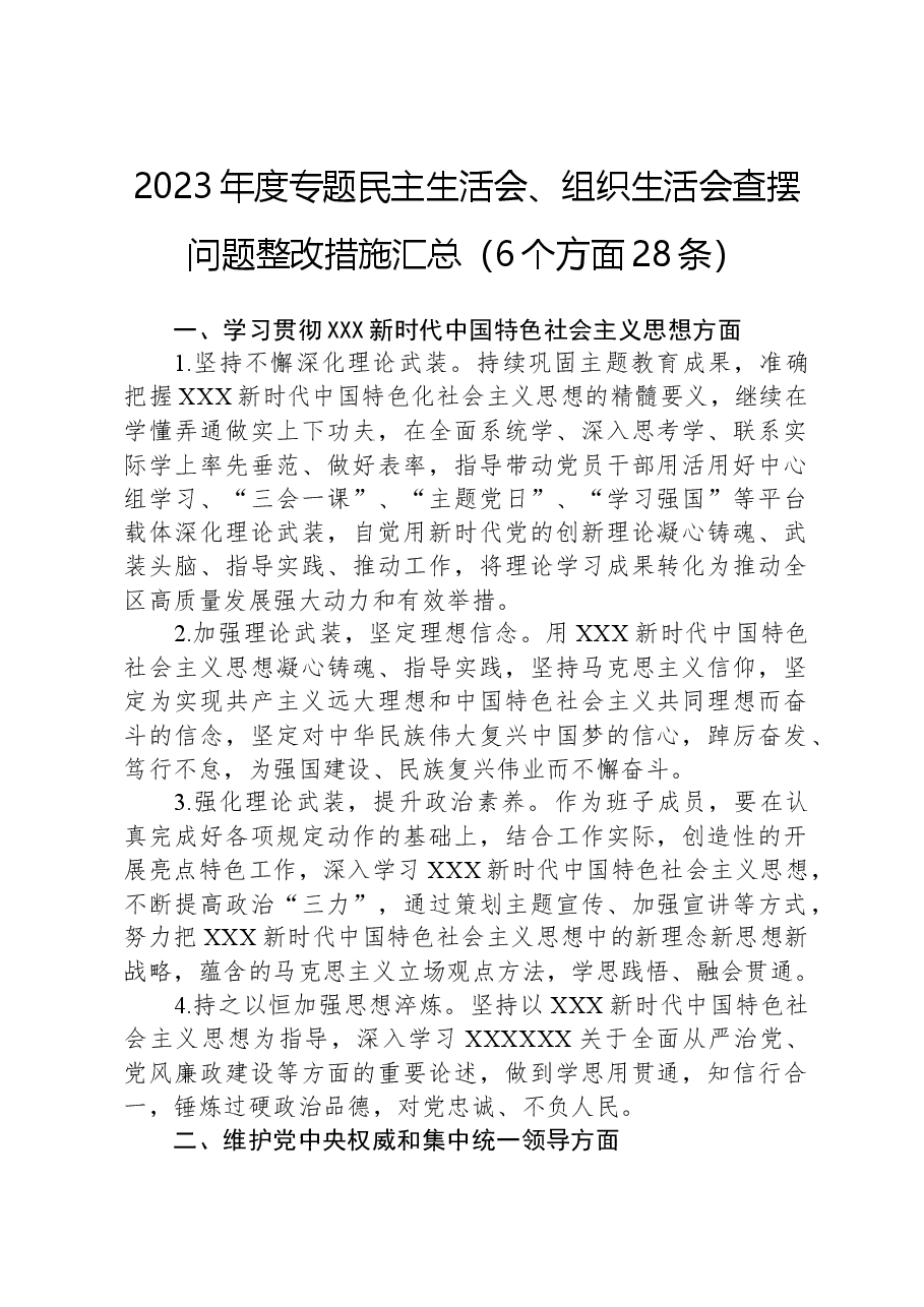 2023年度专题民主生活会、组织生活会查摆问题整改措施汇总(6个方面28条).docx,第1页预览