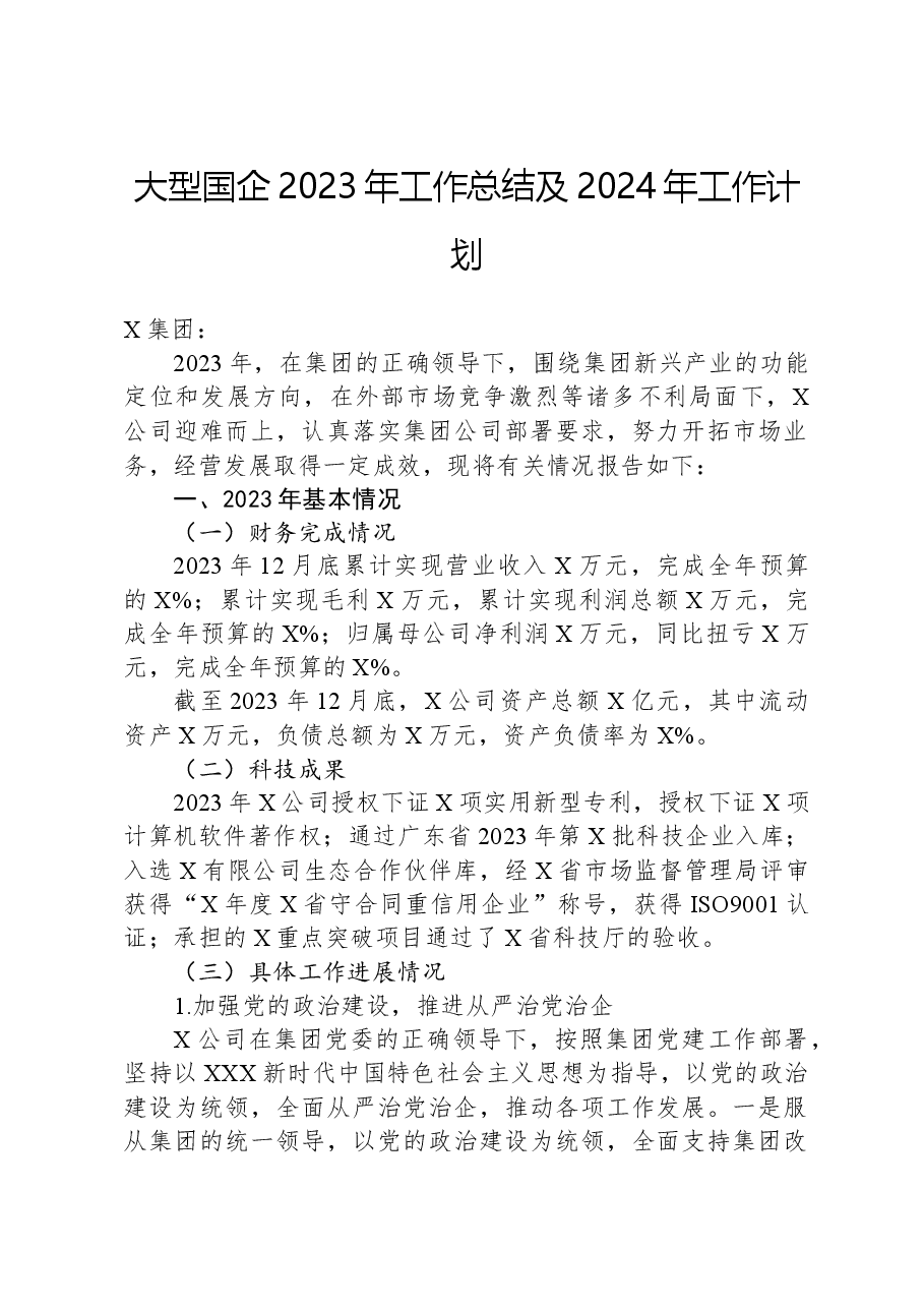 大型国企2023年工作总结及2024年工作计划.docx,第1页预览