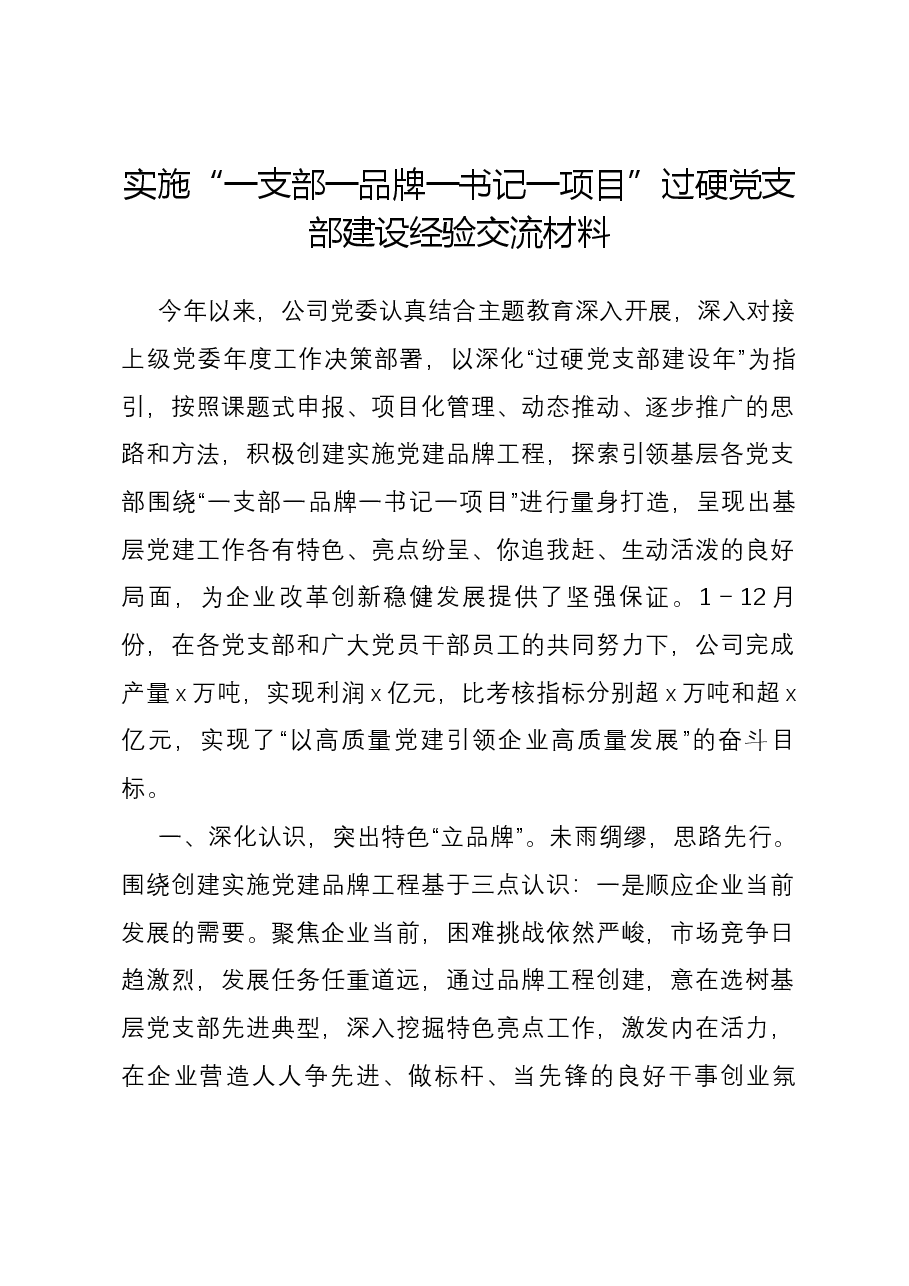 实施“一支部一品牌一书记一项目”过硬党支部建设经验交流材料.docx,第1页预览