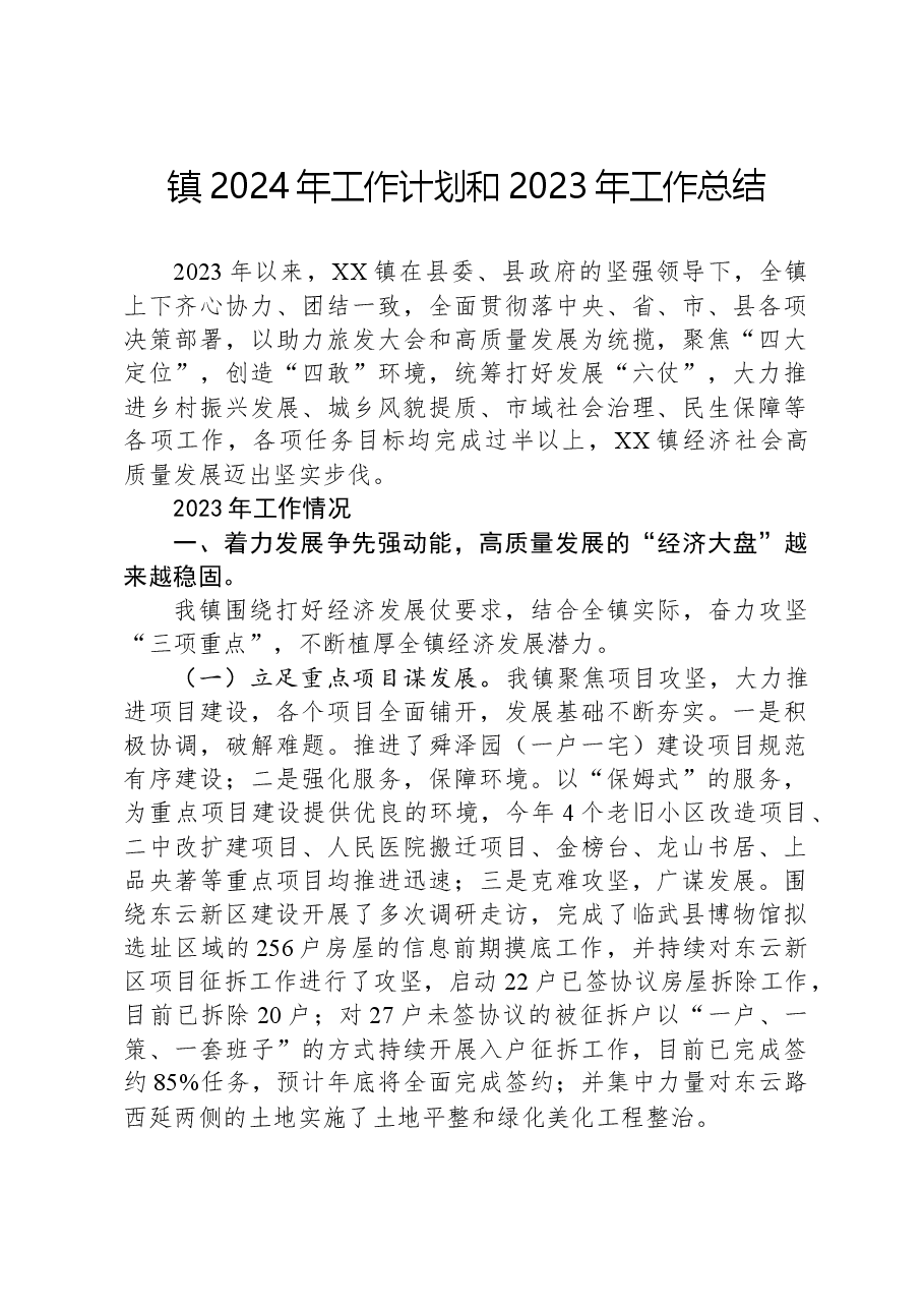 镇2024年工作计划和2023年工作总结.docx,第1页预览