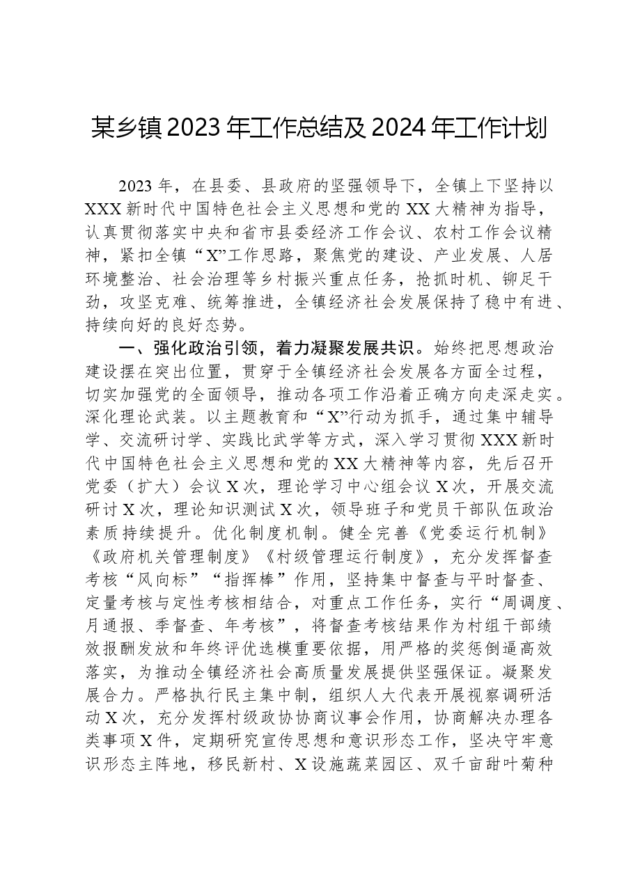 某乡镇2023年工作总结及2024年工作计划.docx,第1页预览