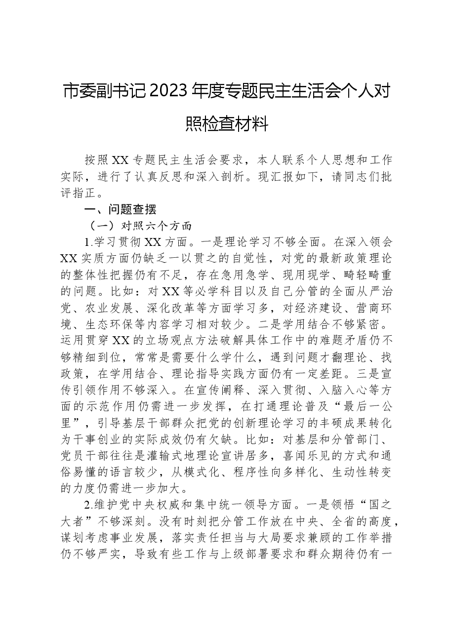 市委副书记2023年度主题教育民主生活会个人对照检查材料.docx,第1页预览