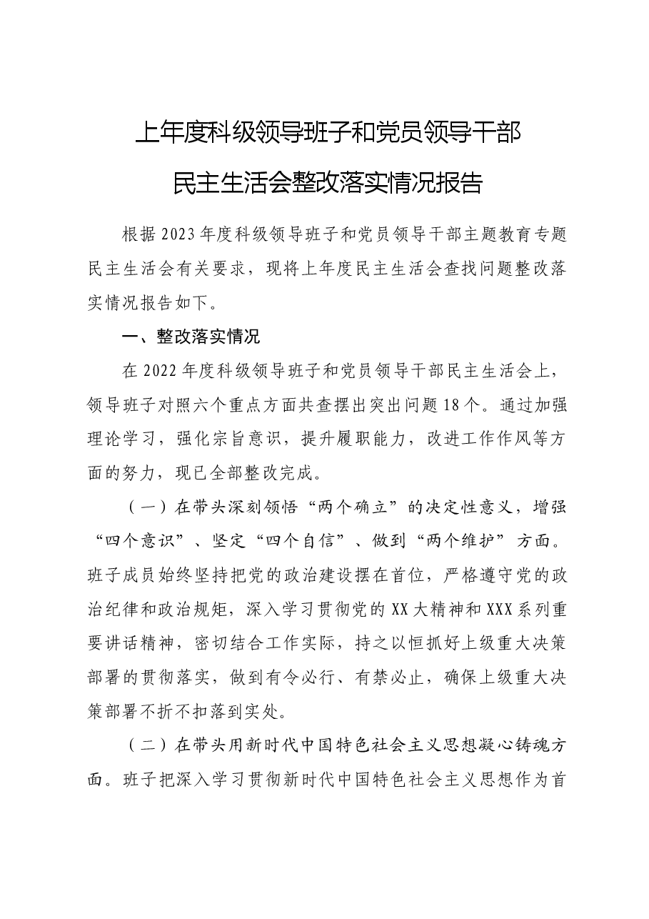 上年度民主生活会整改情况报告.docx，第1页预览