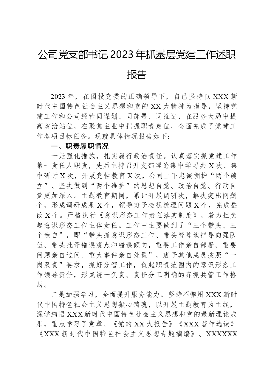 公司党支部书记2023年抓基层党建工作述职报告.docx,第1页预览