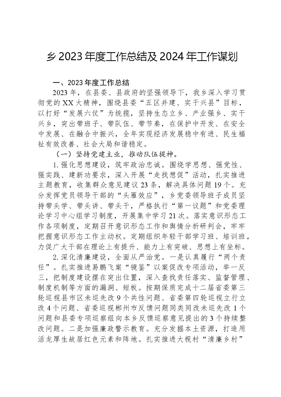 乡2023年度工作总结及2024年工作谋划.docx,第1页预览