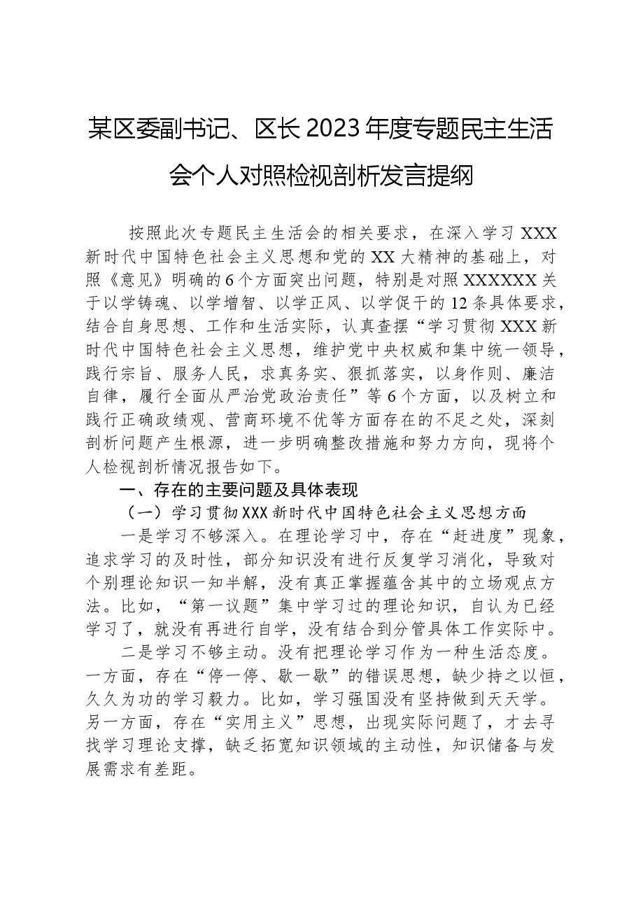 某区委副书记、区长2023年度专题民主生活会个人对照检视剖析发言提纲.docx,第1页预览