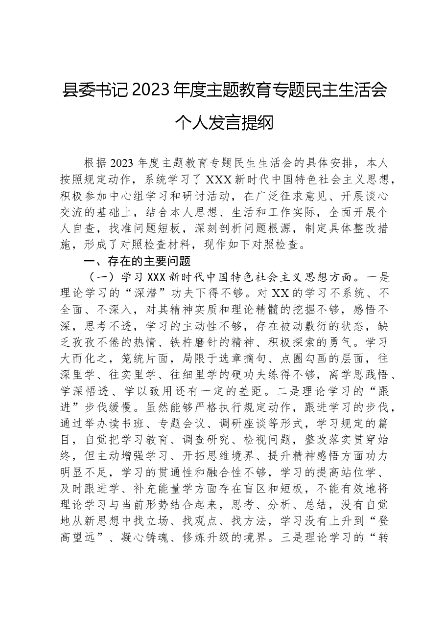 县委书记2023年度主题教育专题民主生活会个人发言提纲.docx,第1页预览