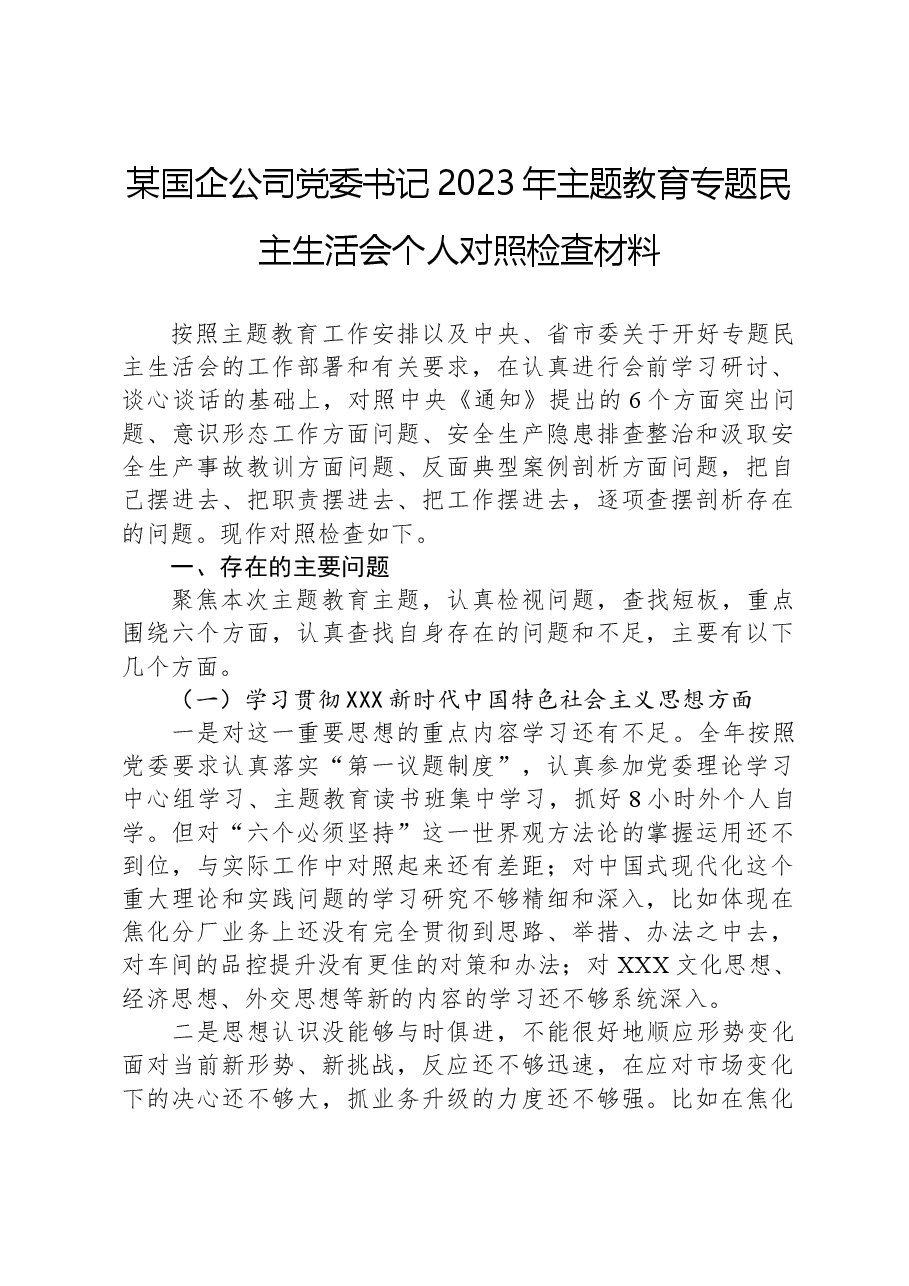 某国企公司党委书记2023年主题教育专题民主生活会个人对照检查材料.docx,第1页预览