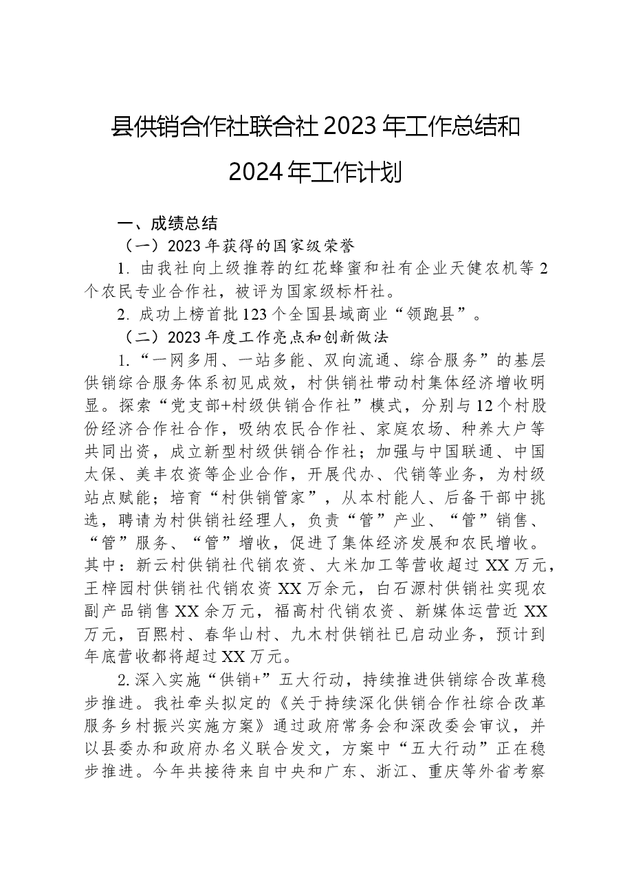 县供销合作社联合社2023年工作总结和2024年工作计划.docx,第1页预览
