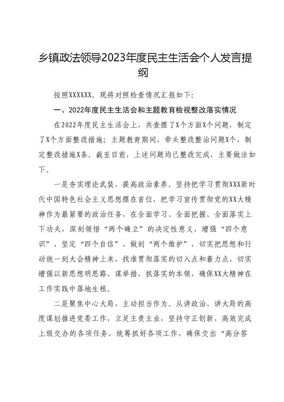 乡镇政法领导2023年度民主生活会个人发言提纲.docx,第1页预览