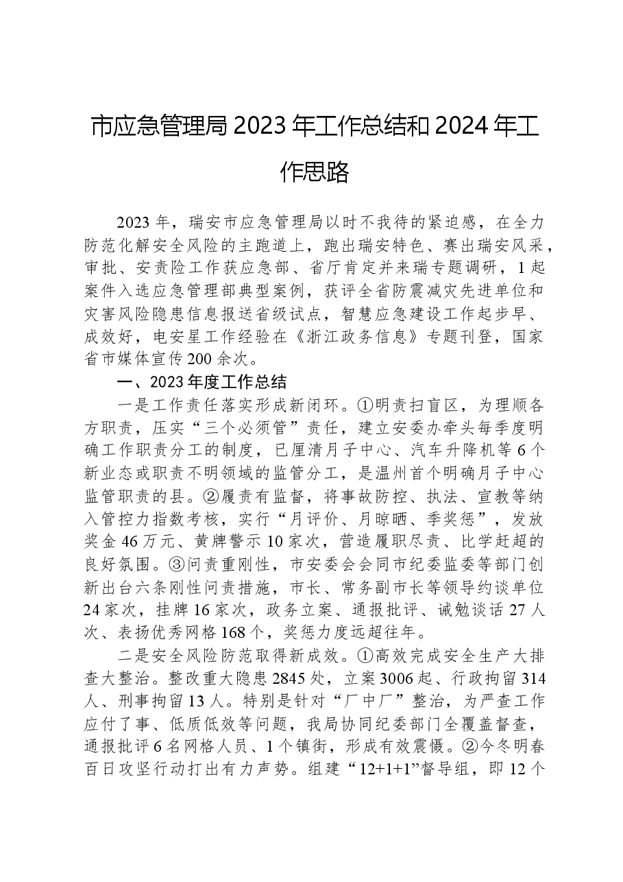 市应急管理局2023年工作总结和2024年工作思路.docx,第1页预览