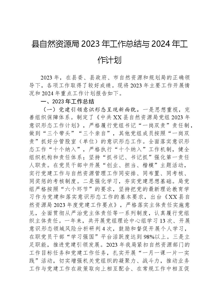 县自然资源局2023年工作总结与2024年工作计划.docx,第1页预览