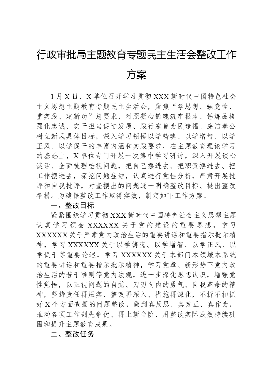 行政审批局主题教育专题民主生活会整改工作方案.docx，第1页预览