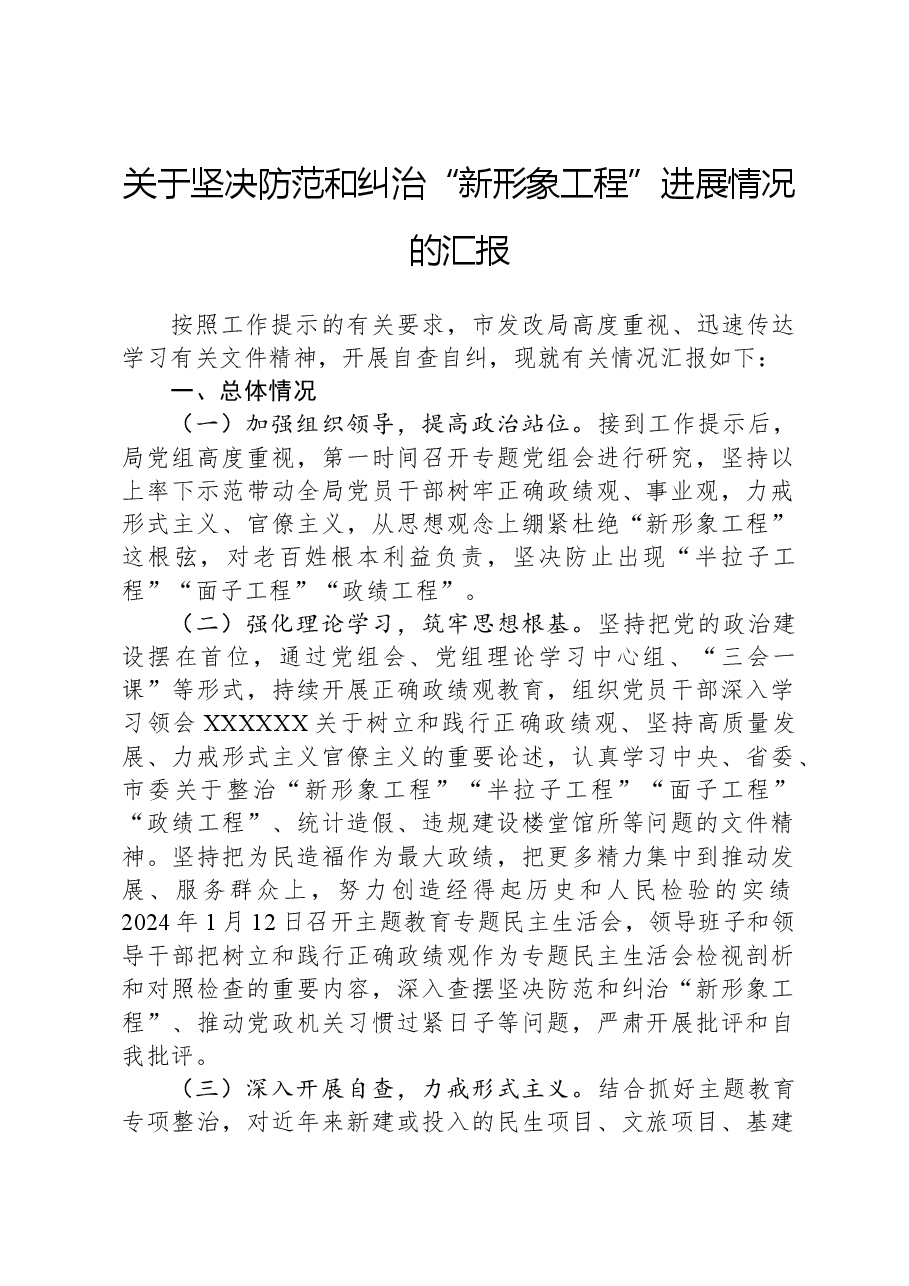 关于坚决防范和纠治“新形象工程”进展情况的汇报.docx,第1页预览