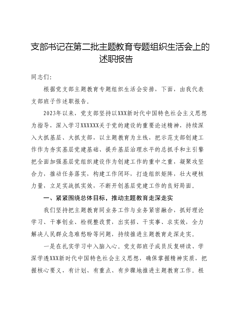 支部书记在第二批主题教育专题组织生活会上的述职报告.docx,第1页预览