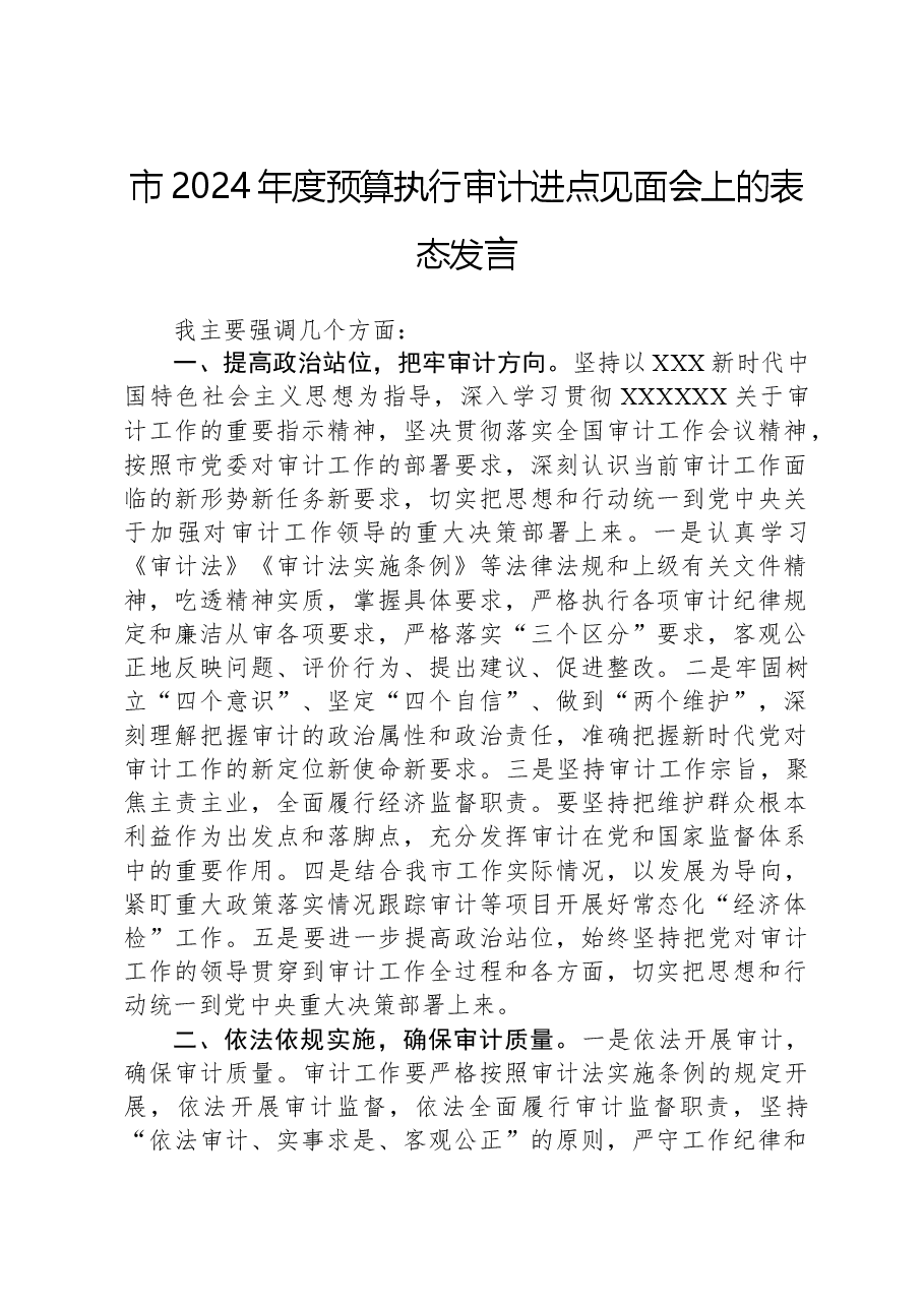 市2024年度预算执行审计进点见面会上的表态发言.docx,第1页预览