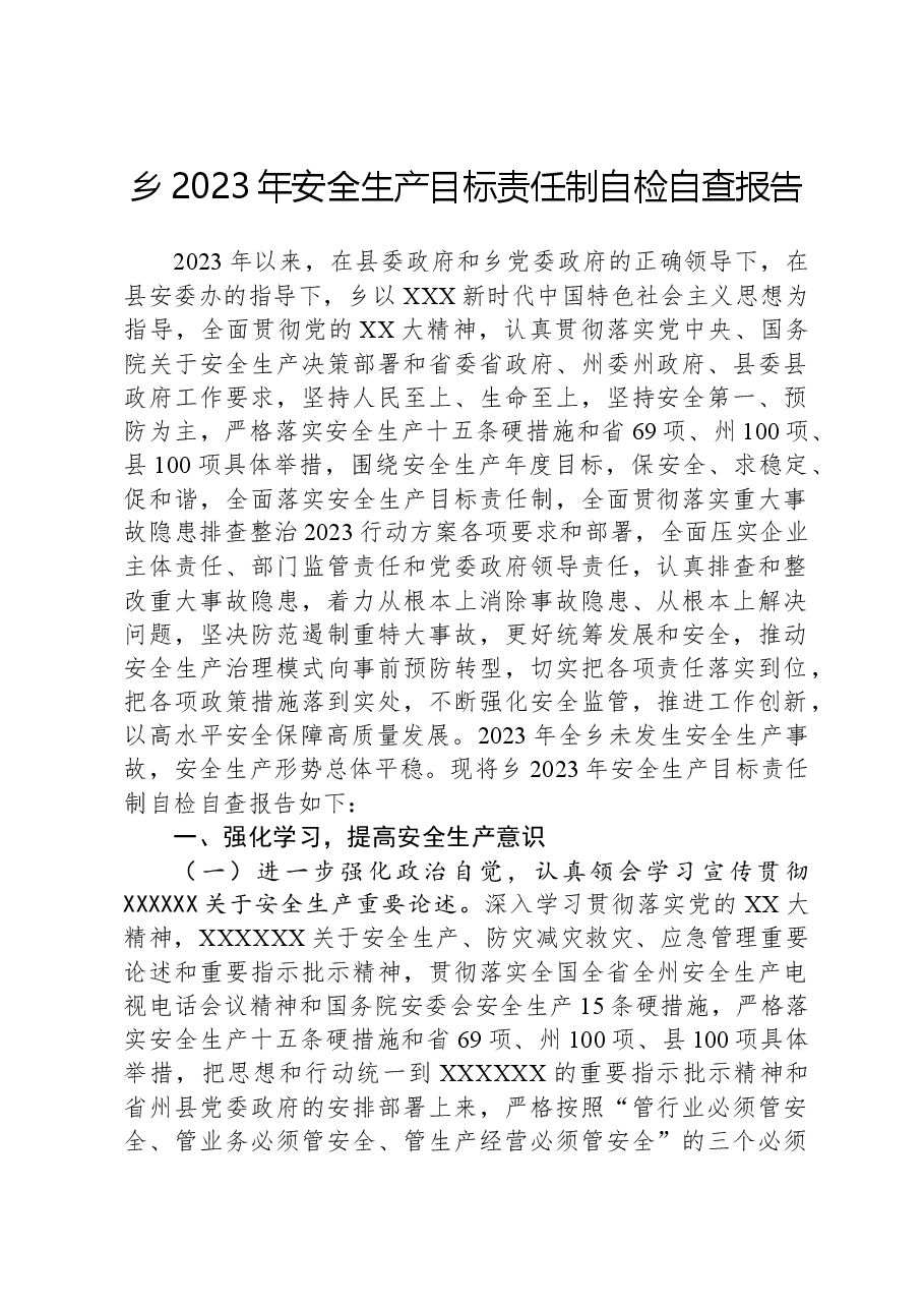 乡2023年安全生产目标责任制自检自查报告.docx,第1页预览