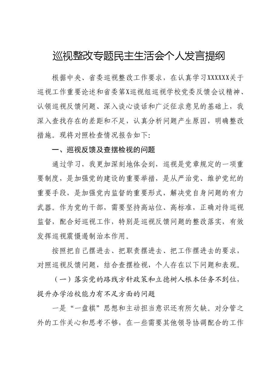 巡视整改专题民主生活会个人发言提纲.docx，第1页预览