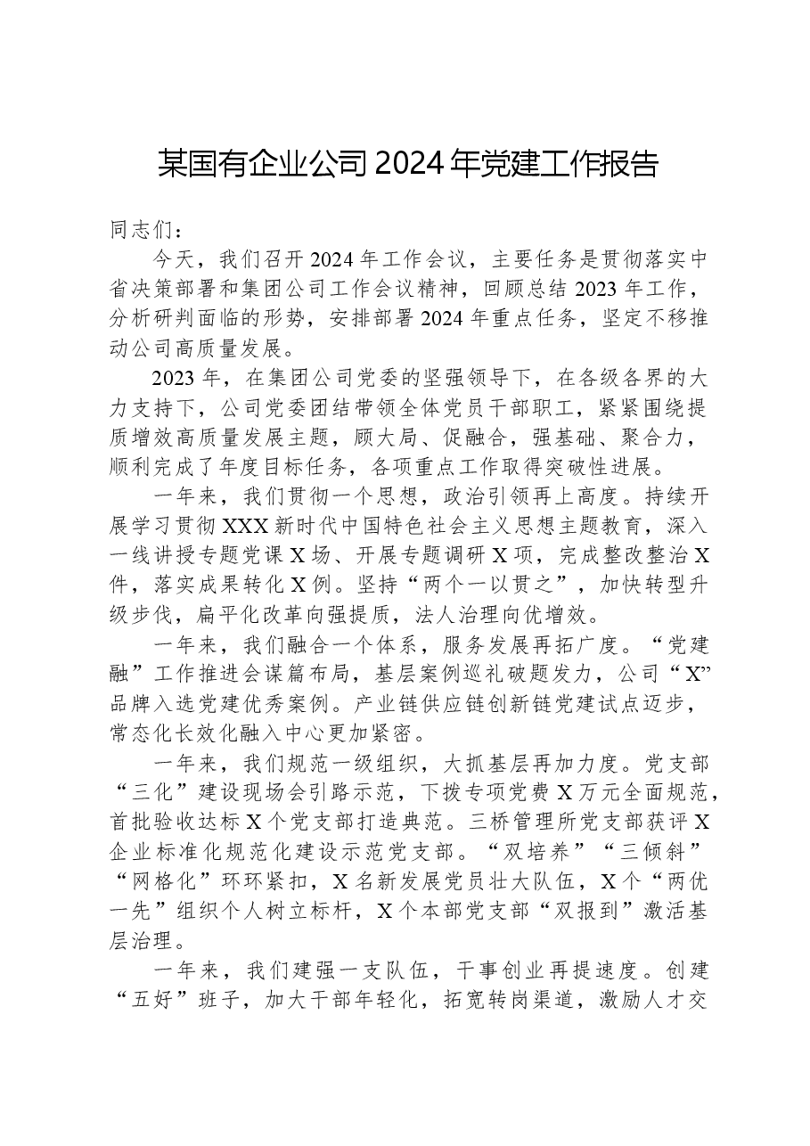 某国有企业公司2024年党建工作报告.docx,第1页预览
