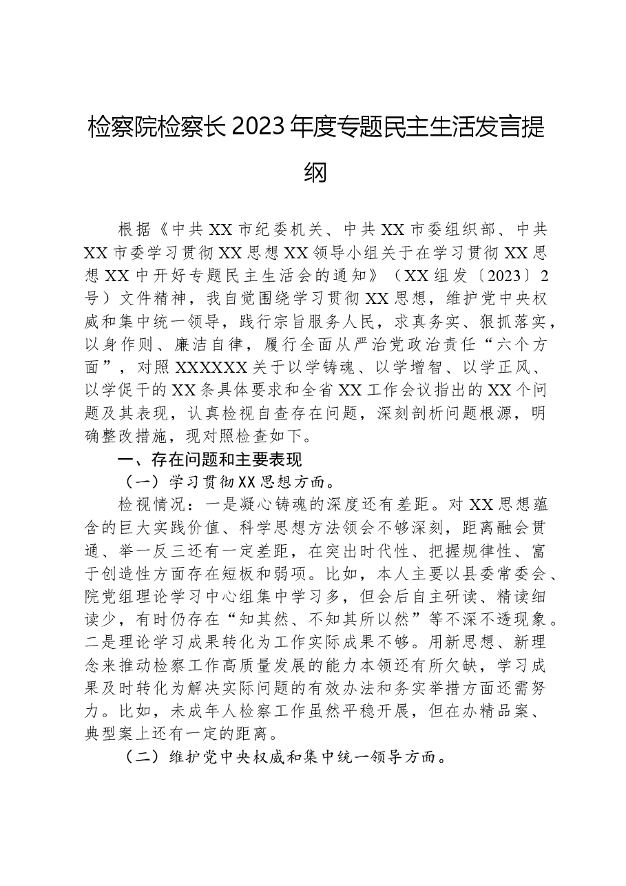 检察院检察长2023年度专题民主生活发言提纲.docx,第1页预览