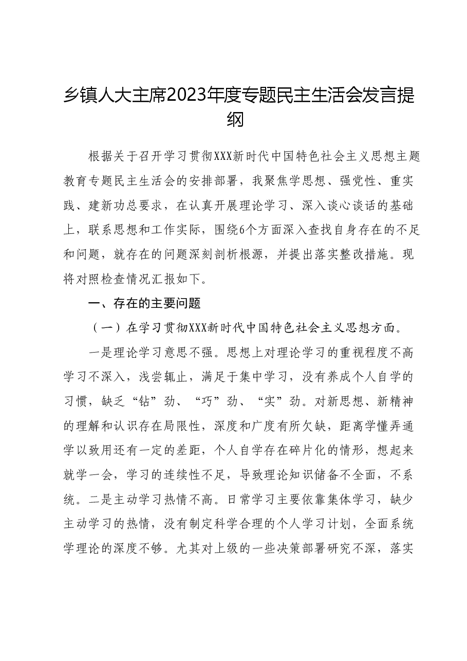 乡镇人大主席2023年度专题民主生活会发言提纲.docx,第1页预览