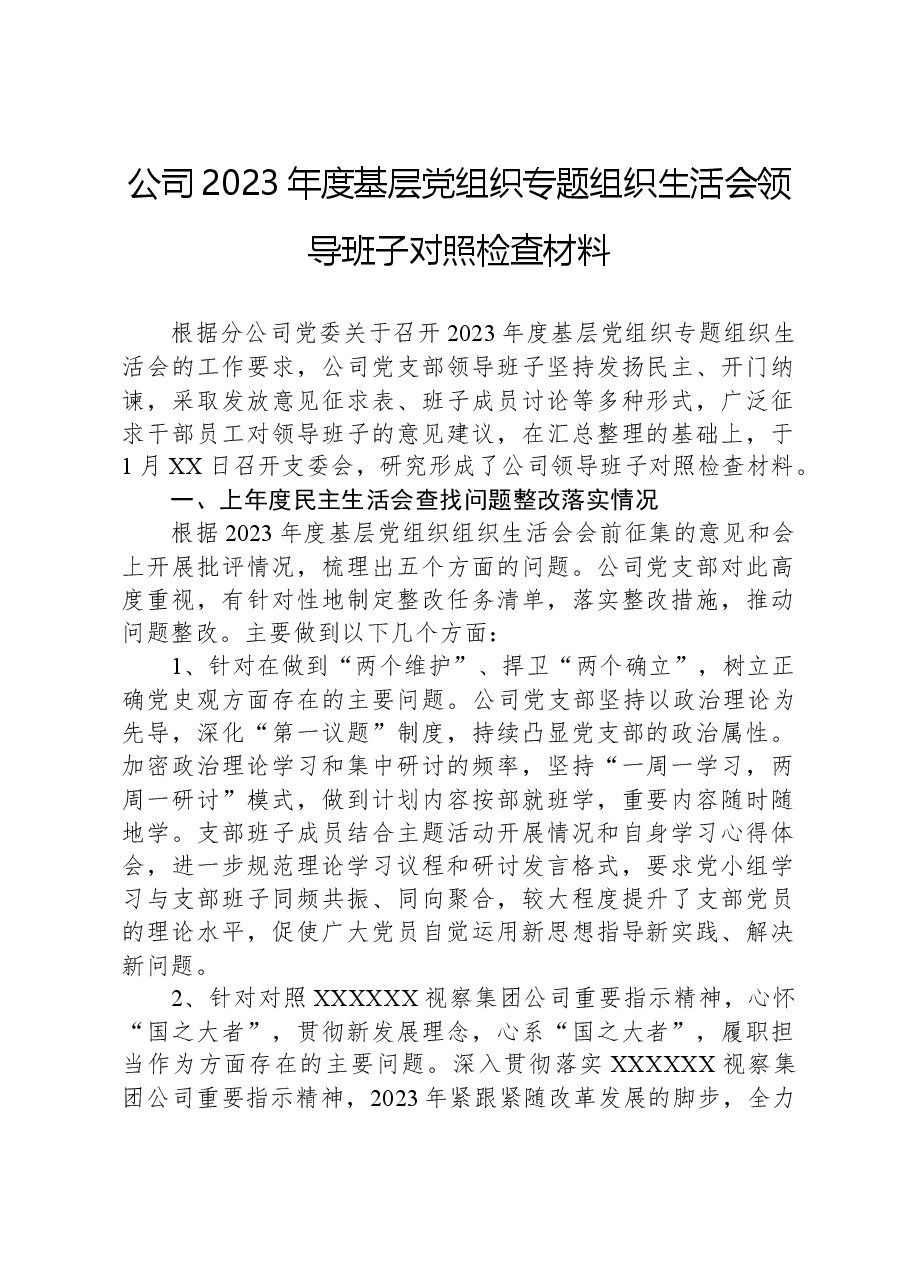 公司2023年度基层党组织专题组织生活会领导班子对照检查材料.docx，第1页预览