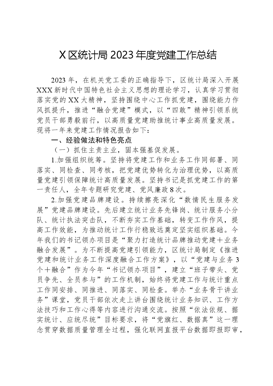 X区统计局2023年度党建工作总结.docx,第1页预览