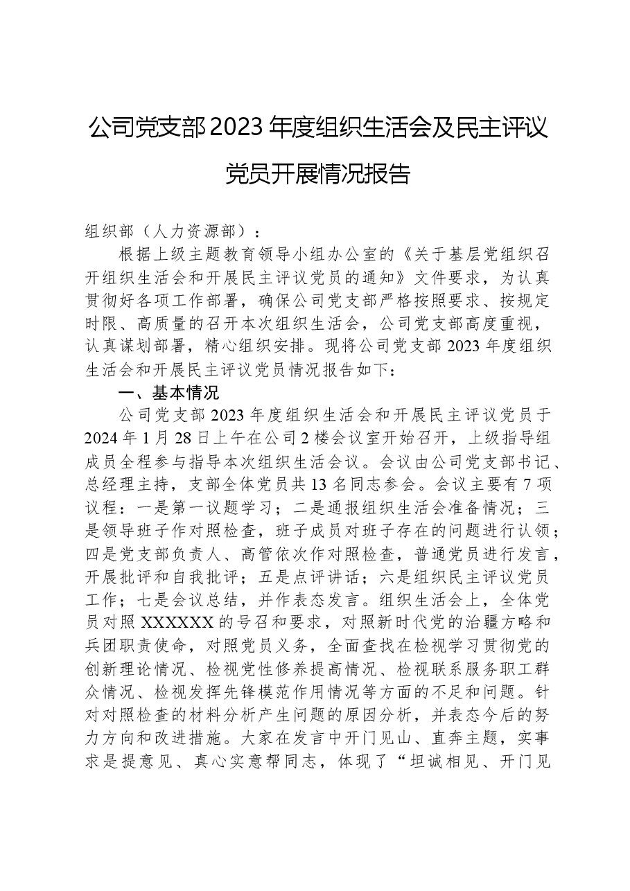 公司党支部2023年度组织生活会及民主评议党员开展情况报告.docx，第1页预览