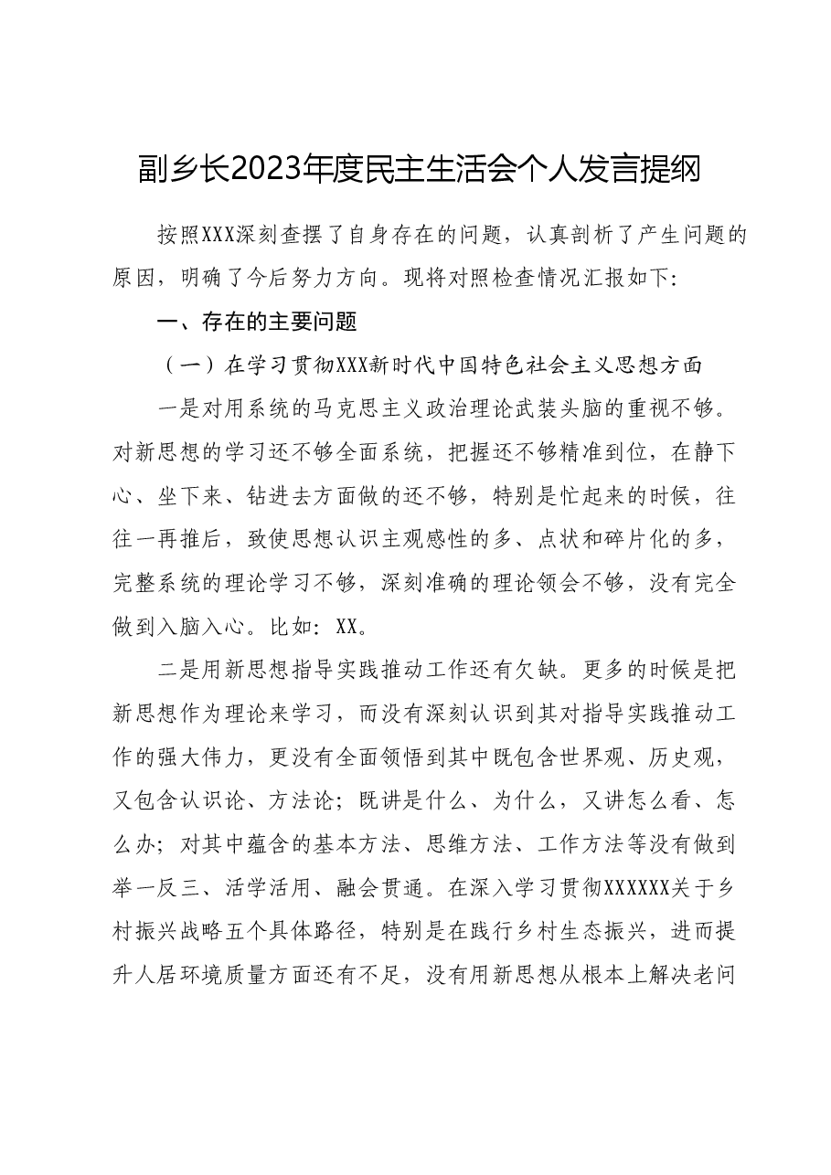 副乡长2023年度民主生活会个人发言提纲.docx,第1页预览