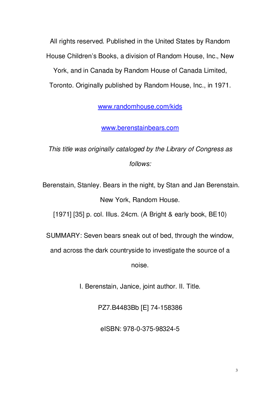 72本贝贝熊早教英文绘本之Berenstain_Bears_and_the_Bears_in_the_night.pdf,第3页预览
