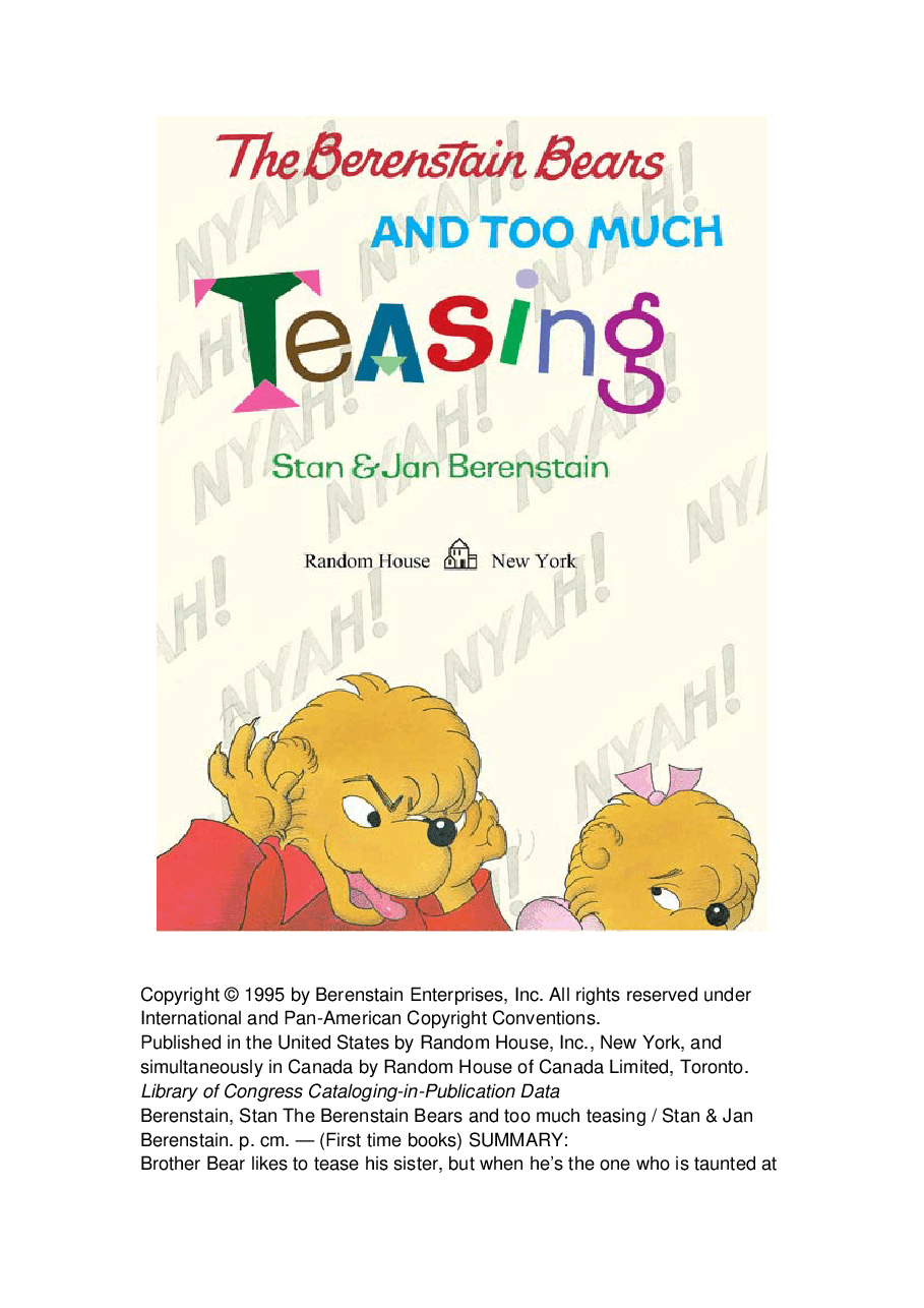 72本贝贝熊早教英文绘本之Berenstain_Bears_and_Too_Much_Teasing.pdf，第3页预览