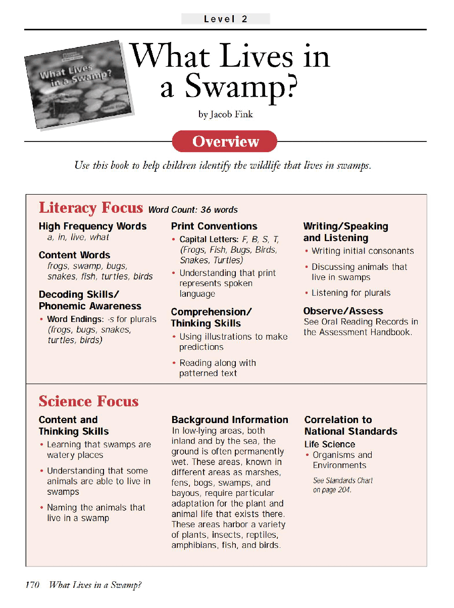 国家地理少儿百科入门级Emergent06 what lives in a swamp 教学指导.pdf,第1页预览