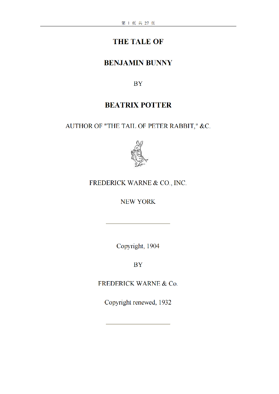 彼得兔系列英语绘本The Tale Of Benjamin Bunny.pdf,第1页预览