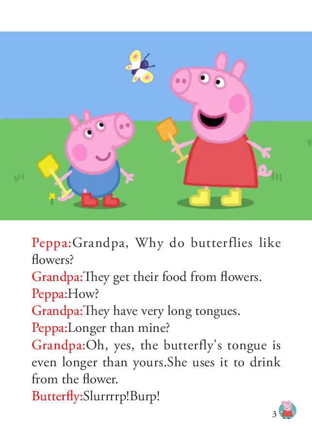 粉红猪小妹第1季52本自制绘本S1-17_Frogs_and_Worms_and_Butterflies.pdf，第3页预览