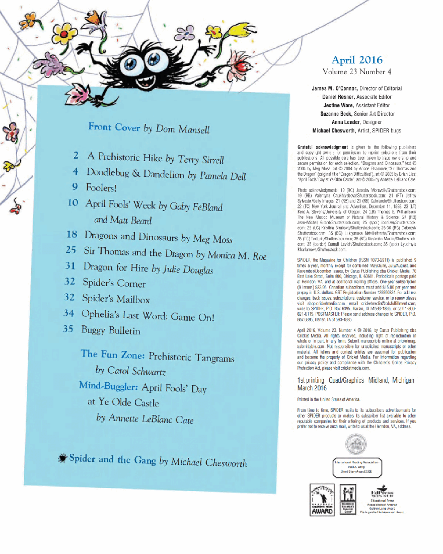 北美儿童文学杂志红蜘蛛4. Spider Magazine Stories, Games, Activites and Puzzles for Children and Kids - April 2016.pdf,第3页预览